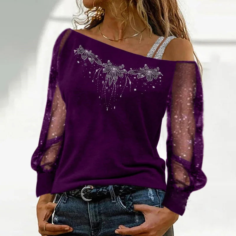 Women Fashion Casual Diagonal Collar Long Sleeve Tops Ladies Sexy Off Shoulder Loose T-shirts Net Yarn Pullover Blouses
