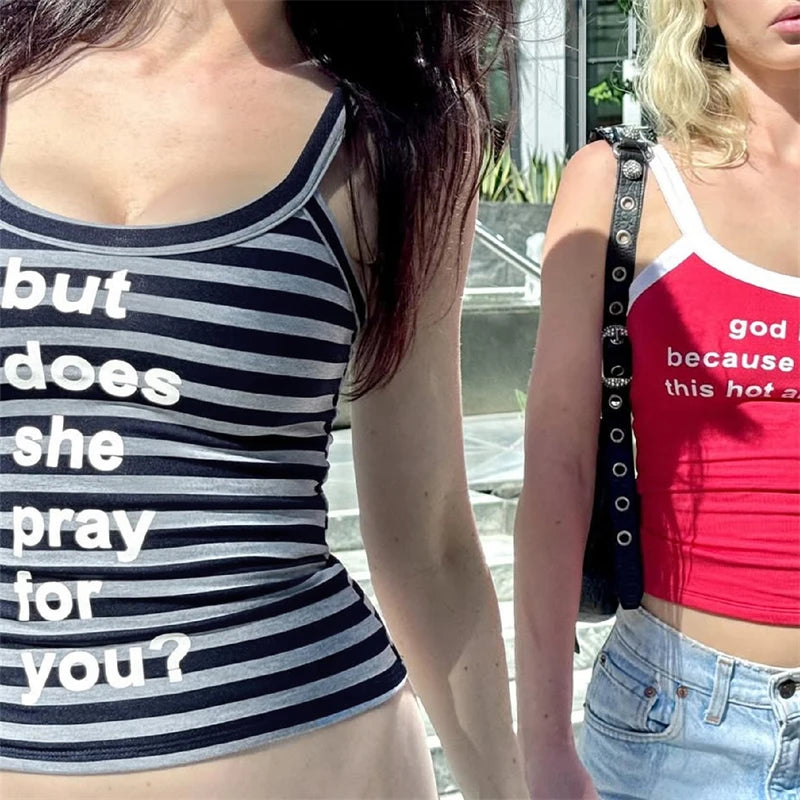 Dulzura Sleeveless Backless Slim Striped Letter Print Crop Camisole Ladies Fashion Sexy Casual Y2K Top Party Club Summer Clothes