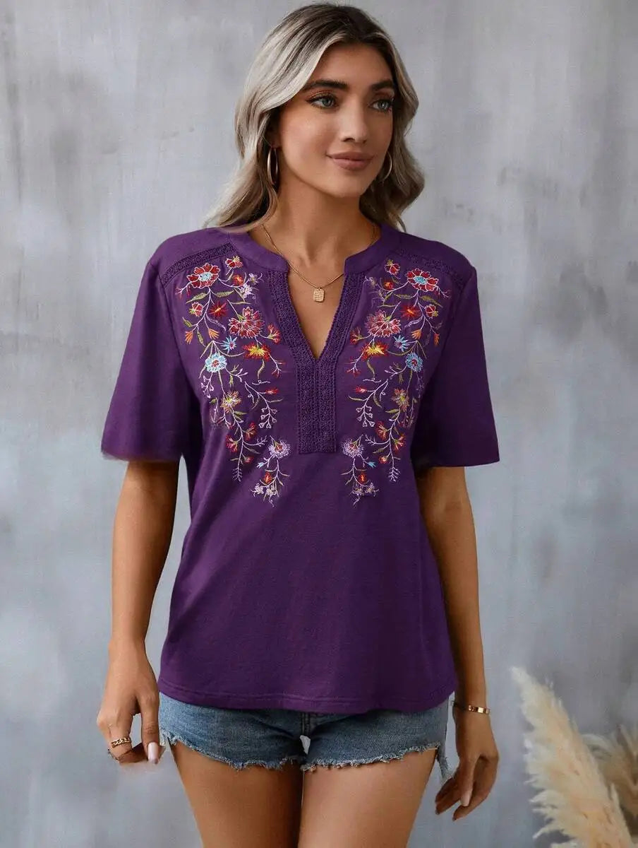 Ladies' Retro Casual Chic Embroidered Women's Shirt With Lace And Lace Stitching, V-neck Loose And Comfortable Top, Women's T