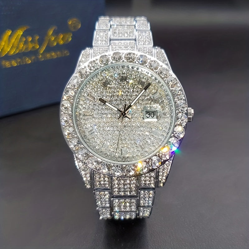 Men's Faux Diamond Quartz Watch, Hip Hop Rock Fashion Calendar Watch, Ideal Choice For Gifts