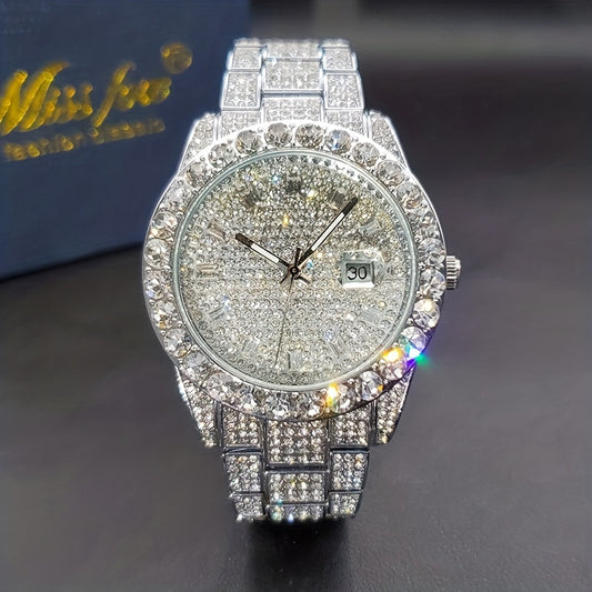 Men's Faux Diamond Quartz Watch, Hip Hop Rock Fashion Calendar Watch, Ideal Choice For Gifts