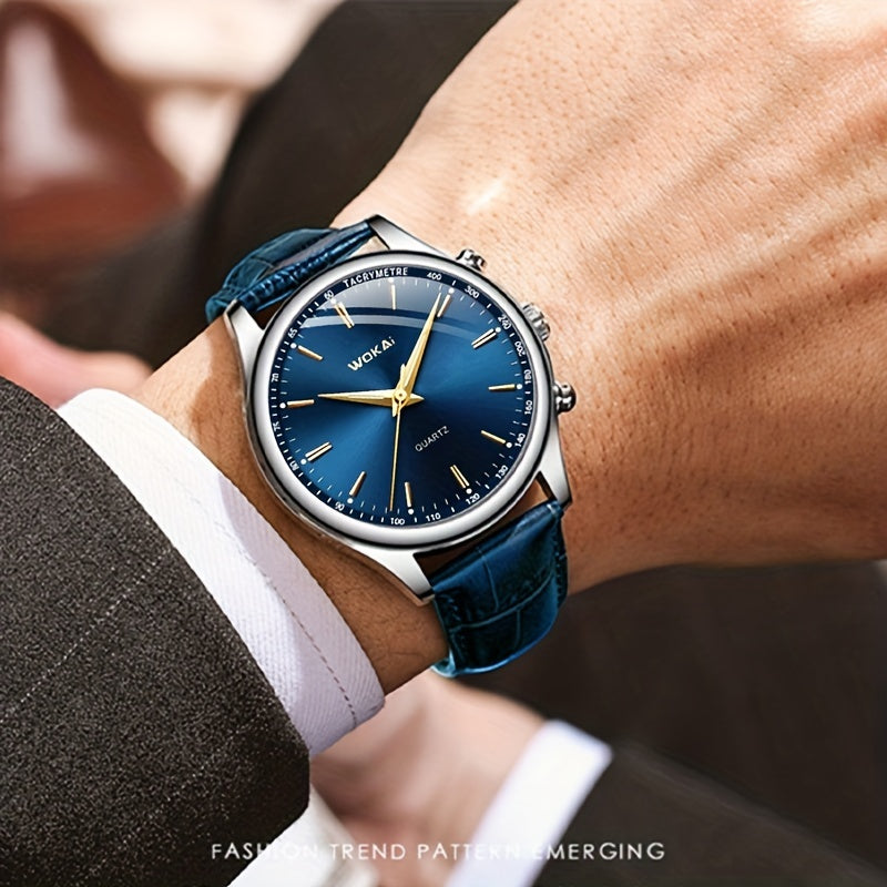 [Popular Choice] TOOP Men's Elegant Business Quartz Watch - Sophisticated Blue Dial with Golden-Tone Hands, Faux Leather Strap, Date Display, Non-Waterproof, Round Plastic Case, Simple, Quartz Watch