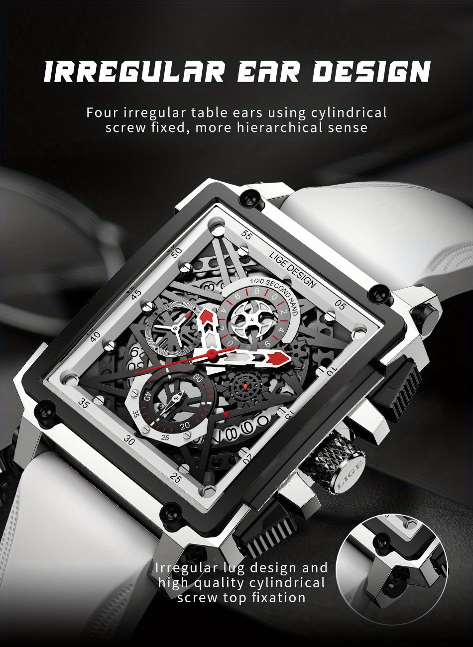 LIGE Men's Watch, Waterproof Quartz Square Wrist Watch For Men, Sports Silicone Watch