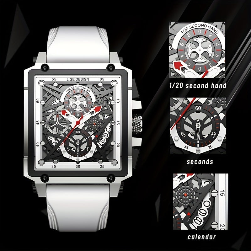 LIGE Men's Watch, Waterproof Quartz Square Wrist Watch For Men, Sports Silicone Watch