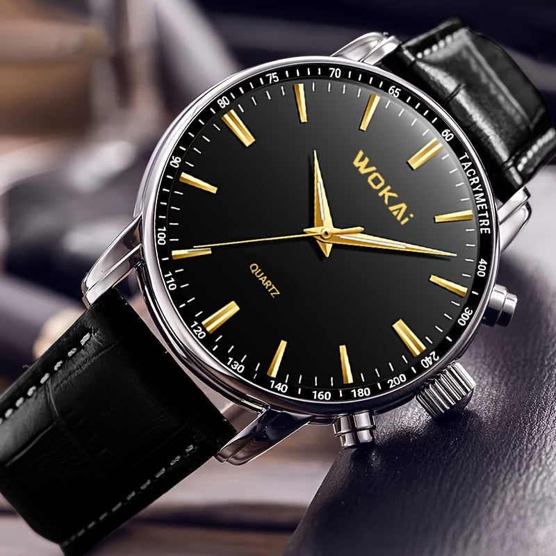 [Popular Choice] TOOP Men's Elegant Business Quartz Watch - Sophisticated Blue Dial with Golden-Tone Hands, Faux Leather Strap, Date Display, Non-Waterproof, Round Plastic Case, Simple, Quartz Watch