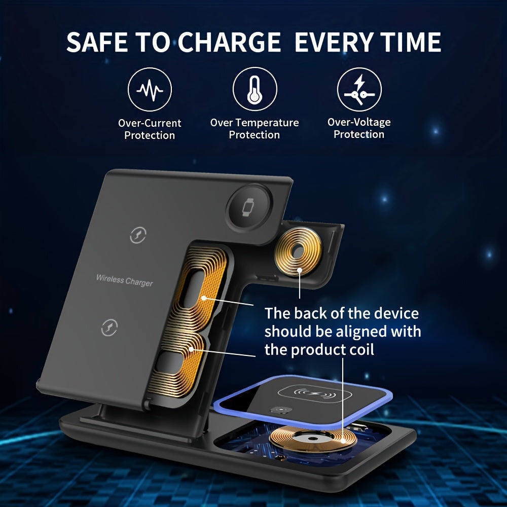 3-in-1 Fast Wireless Charging Station - Universal Compatibility for iPhone 15-8, Apple Watch 9-2, AirPods Pro 3-2 - 110V-130V US Plug Power Supply with USB-C Connector