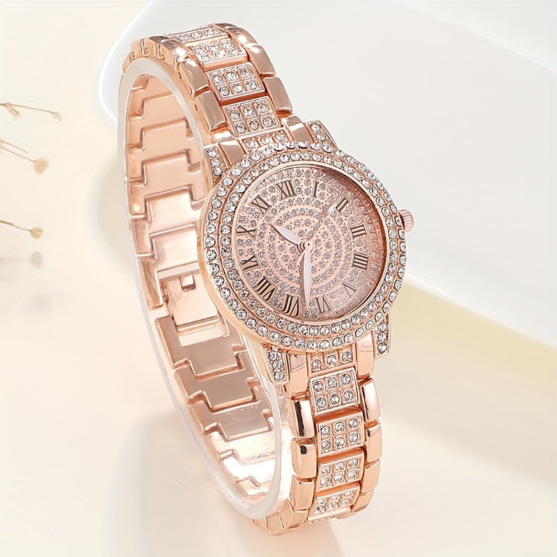 Women's Watch Luxury Rhinestone Quartz Watch Rome Fashion Analog Wrist Watch & 1pc Bracelet, Gift For Mom Her