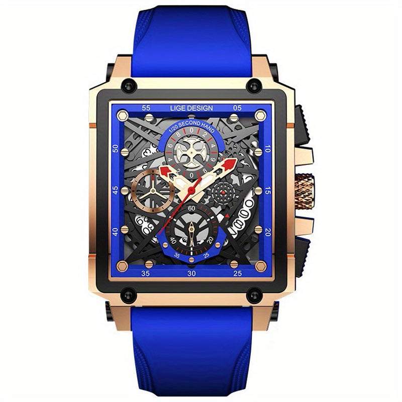LIGE Men's Watch, Waterproof Quartz Square Wrist Watch For Men, Sports Silicone Watch