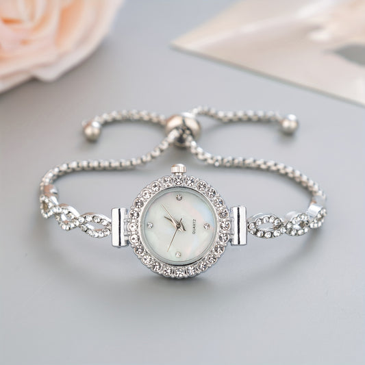 Women's Watch Luxury Rhinestone Quartz Bracelet Watch Elegant Iridescent Dial Analog Wrist Watch