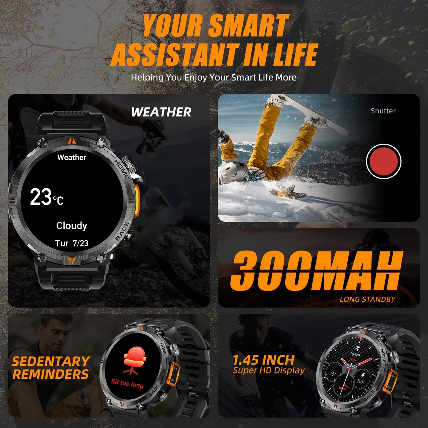 [Smart Watch] JELLOO 1.45 Inch Touchscreen Smart Watch | Fitness Tracker for Men, Answer/Make Calls, Rechargeable Battery, Zinc Alloy Body, Silicone Strap - Ideal for iPhone & Android, Minimalist Watch Design, Durable Watchba