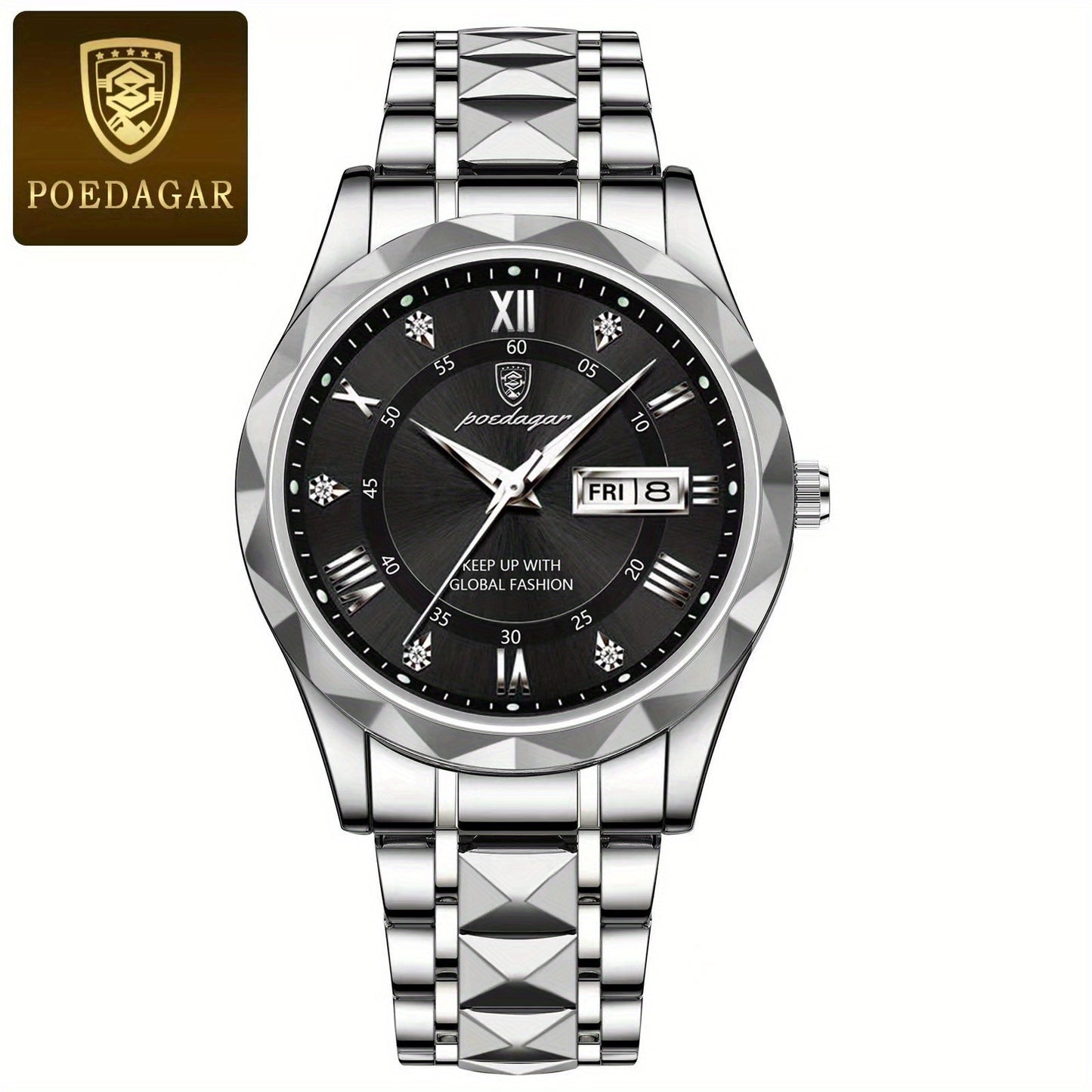 POEDAGAR Men's Stainless Steel Quartz Wristwatch, Luminous Calendar Men's Watch, Ideal Choice For Gifts