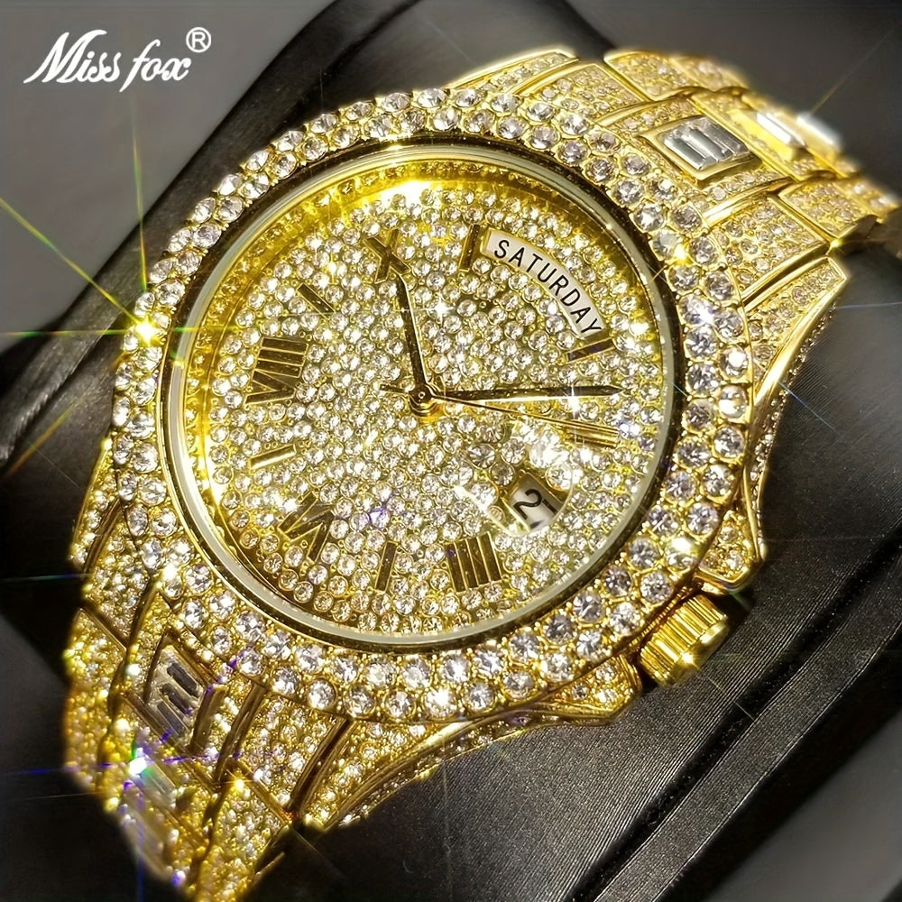 Elegant Golden Quartz Men's Watch - Waterproof, Date Function, with Sparkling Faux Diamonds