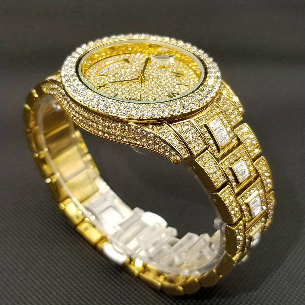 Elegant Golden Quartz Men's Watch - Waterproof, Date Function, with Sparkling Faux Diamonds