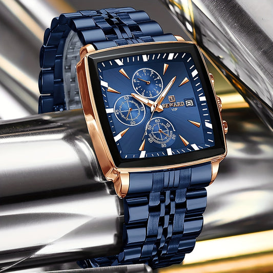 Stylish REWARD Men's Watch - Quartz Wrist Watch for Business, Blue Rectangle Face, Luminous Hands, Waterproof, Ideal Gift for Him, Perfect Accessory for Formal Occasions