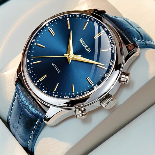 [Popular Choice] TOOP Men's Elegant Business Quartz Watch - Sophisticated Blue Dial with Golden-Tone Hands, Faux Leather Strap, Date Display, Non-Waterproof, Round Plastic Case, Simple, Quartz Watch