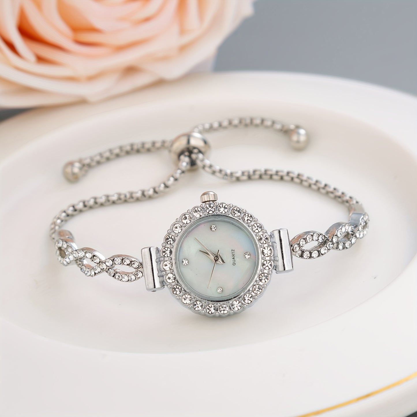 Women's Watch Luxury Rhinestone Quartz Bracelet Watch Elegant Iridescent Dial Analog Wrist Watch