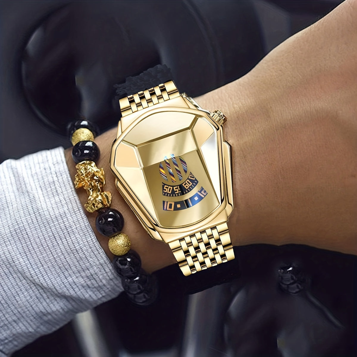 Men's Watch With A Unique Large Dial, Quartz Watch For Men, Racing Steel Strap Set