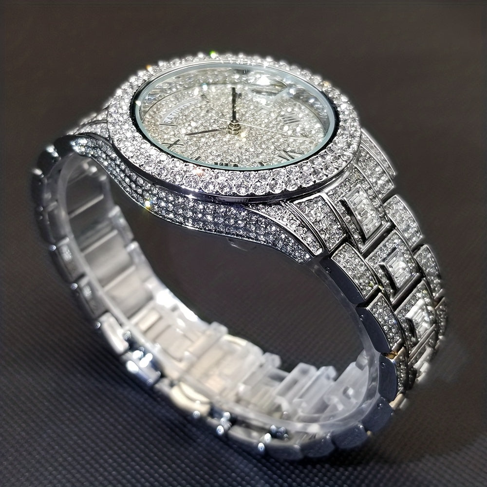 Elegant Golden Quartz Men's Watch - Waterproof, Date Function, with Sparkling Faux Diamonds