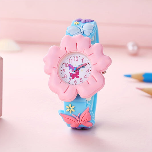 Adorable Girls' 3D Flower & Butterfly Cartoon Watch - Soft PVC, Skin-Friendly Silicone Band, Quartz Movement, Non-Waterproof, Blue