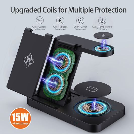 4-In-1 Foldable Fast Wireless Charging Station - Compatible with Samsung S23/S22 Ultra/S22+/S22/S21/S20/Z Flip 4/Z Fold 4, Galaxy Watch 6/5/4/3, Galaxy Buds/Pro, and Multiple Android Devices