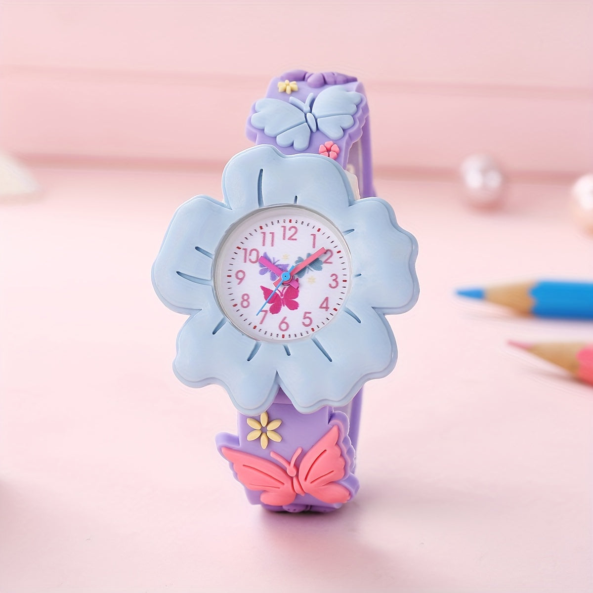 Adorable Girls' 3D Flower & Butterfly Cartoon Watch - Soft PVC, Skin-Friendly Silicone Band, Quartz Movement, Non-Waterproof, Blue