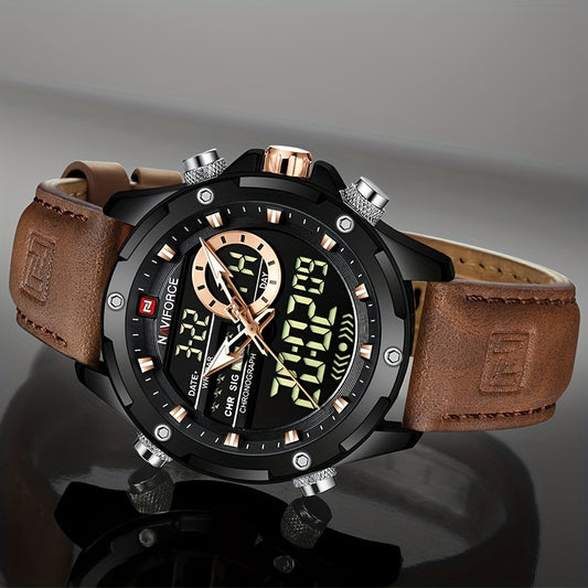 NAVIFORCE Men's Waterproof LED Dual Display Quartz Watch, Big Dial Chronograph Function Watch
