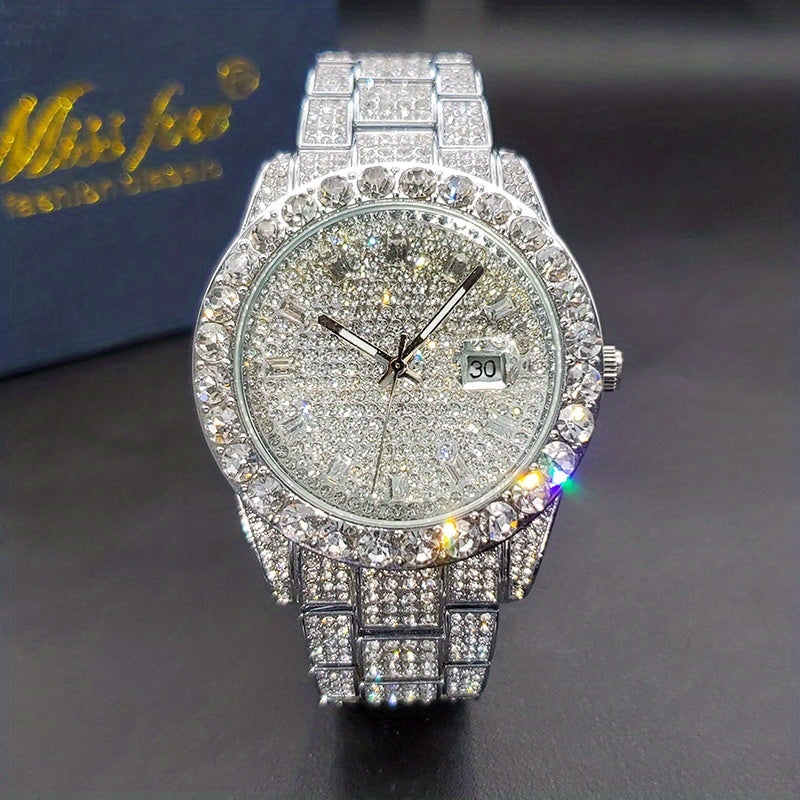 Men's Faux Diamond Quartz Watch, Hip Hop Rock Fashion Calendar Watch, Ideal Choice For Gifts