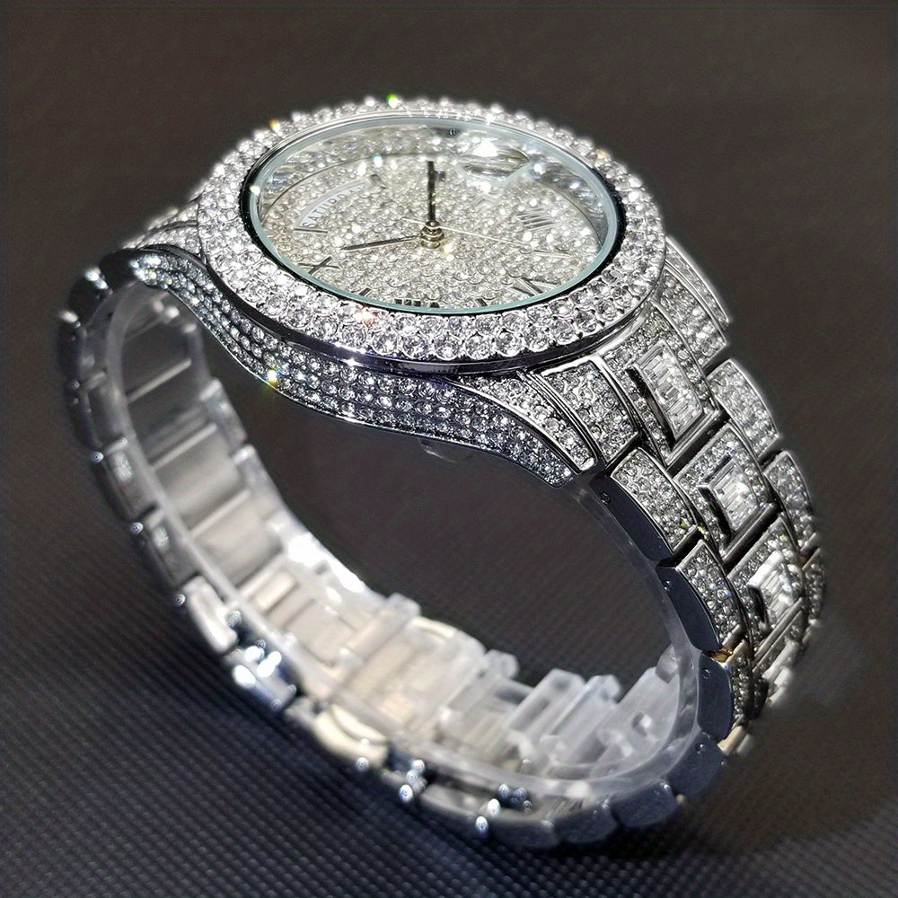 Elegant Golden Quartz Men's Watch - Waterproof, Date Function, with Sparkling Faux Diamonds