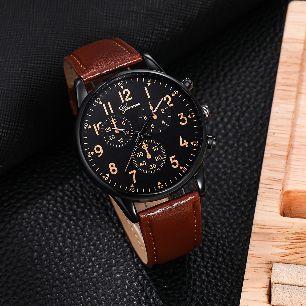 1pc Men's Simple Round Pointer Quartz Watch & 1pc Bracelet