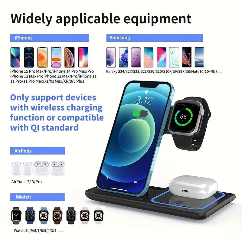 3-in-1 Fast Wireless Charging Station - Universal Compatibility for iPhone 15-8, Apple Watch 9-2, AirPods Pro 3-2 - 110V-130V US Plug Power Supply with USB-C Connector