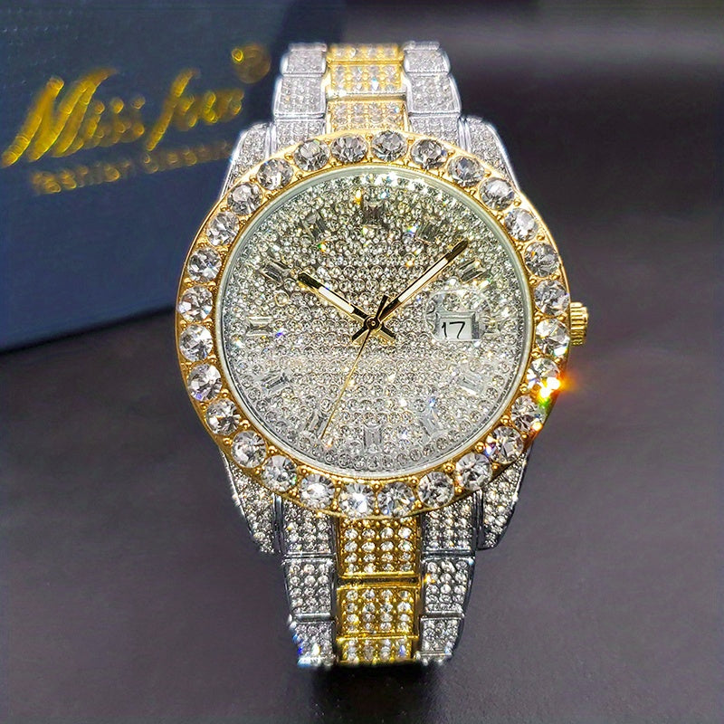 Men's Faux Diamond Quartz Watch, Hip Hop Rock Fashion Calendar Watch, Ideal Choice For Gifts