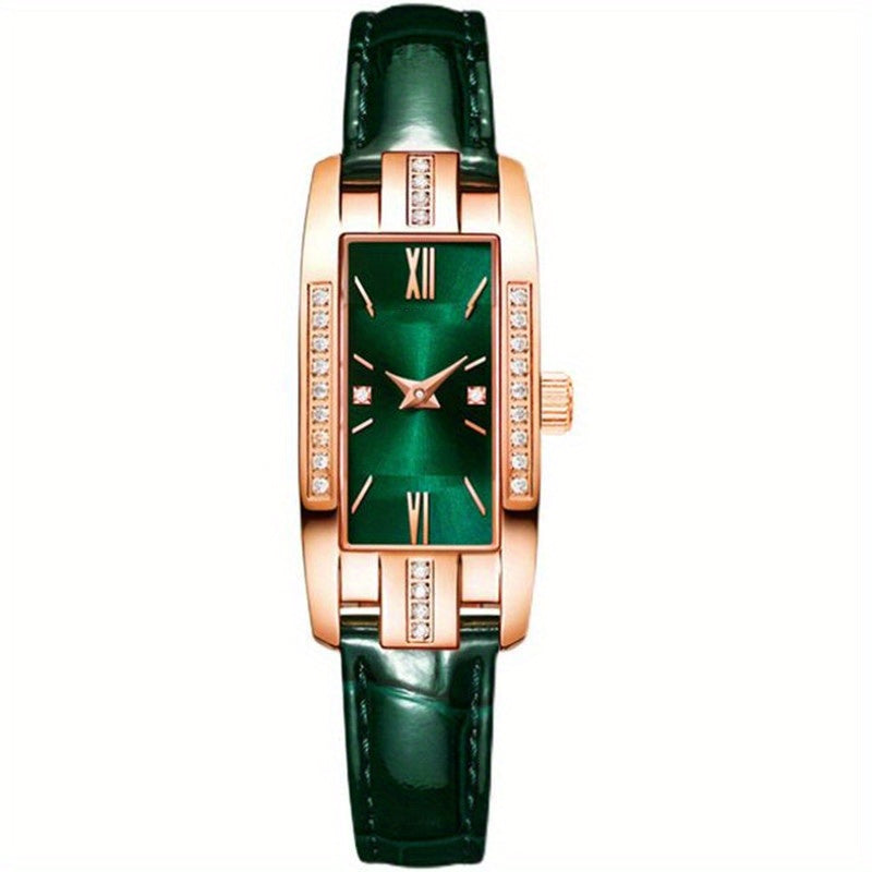 Rhinestone Decor Quartz Watch Elegant Rectangle Pointer Analog Wristwatch With PU Leather Strap