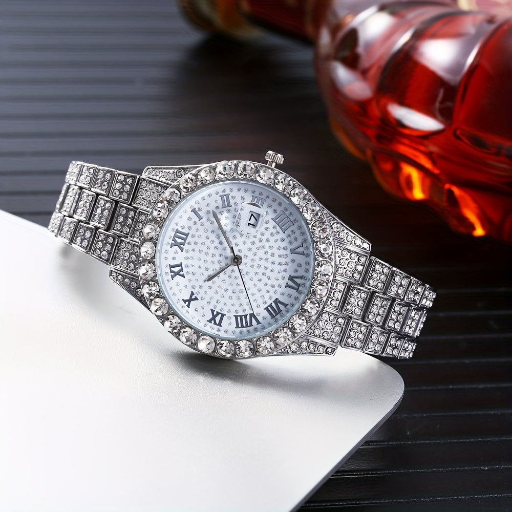 Men's Hip-Hop Inspired Rhinestone Watch with Cuban Bracelet - Street Style Alloy Band, Quartz Movement, Street Street Style