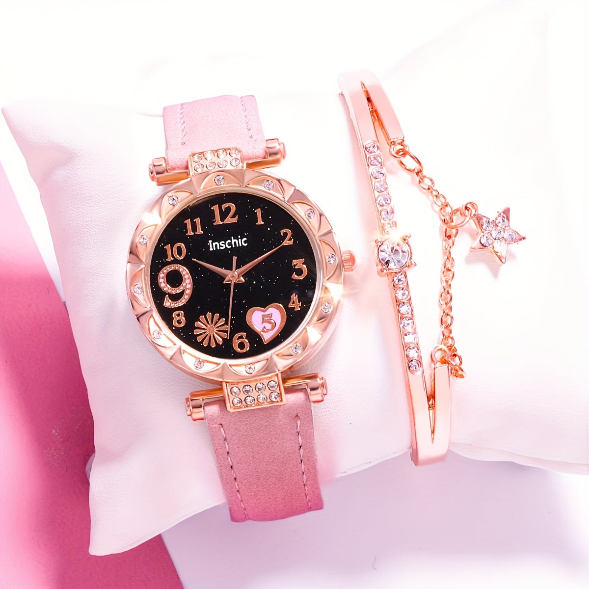 Love Starry Sky Girl Pink Watch And 1pc Rhinestone Bracelet, Gift For Friend