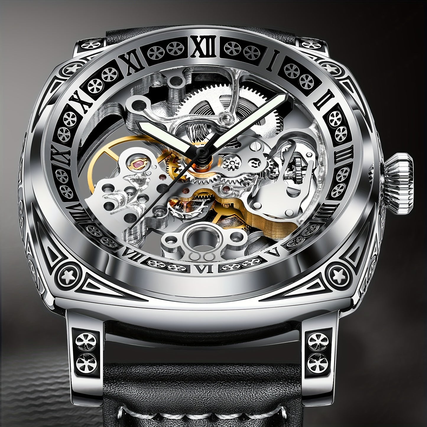Elegant Waterproof Mechanical Watch for Men: Self-Winding Skeleton with Silver Steel Strap, Vintage Tattoo Case Design, 30m Resistant