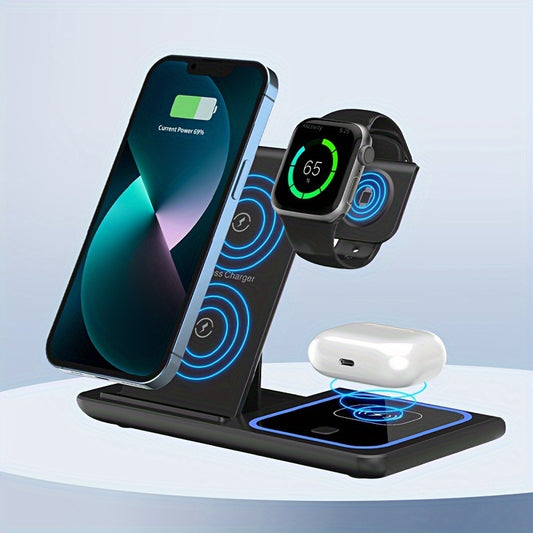 3-in-1 Fast Wireless Charging Station - Universal Compatibility for iPhone 15-8, Apple Watch 9-2, AirPods Pro 3-2 - 110V-130V US Plug Power Supply with USB-C Connector