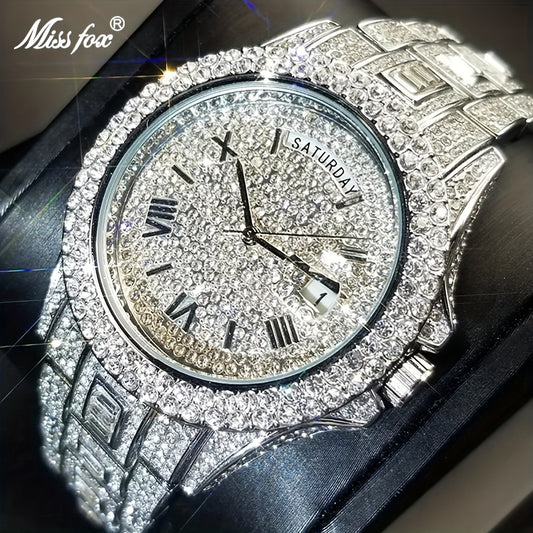 Elegant Golden Quartz Men's Watch - Waterproof, Date Function, with Sparkling Faux Diamonds