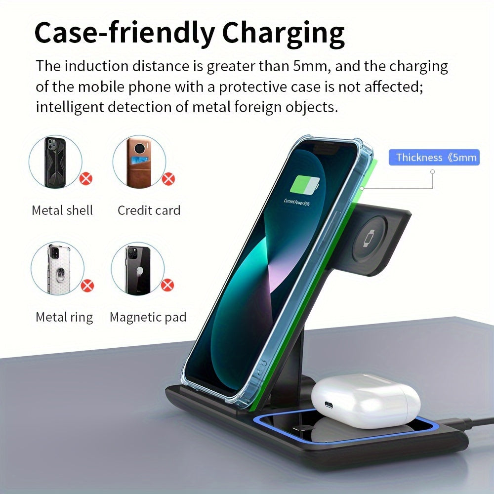 3-in-1 Fast Wireless Charging Station - Universal Compatibility for iPhone 15-8, Apple Watch 9-2, AirPods Pro 3-2 - 110V-130V US Plug Power Supply with USB-C Connector