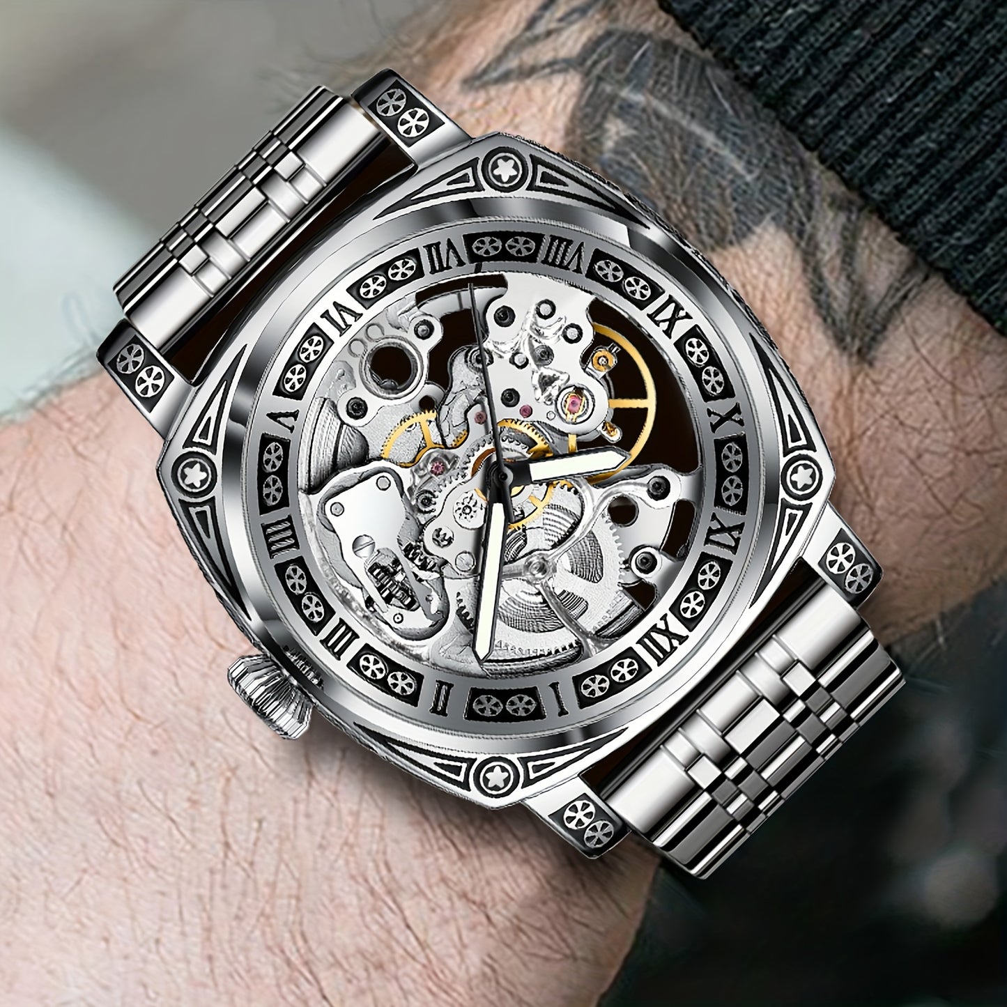 Elegant Waterproof Mechanical Watch for Men: Self-Winding Skeleton with Silver Steel Strap, Vintage Tattoo Case Design, 30m Resistant