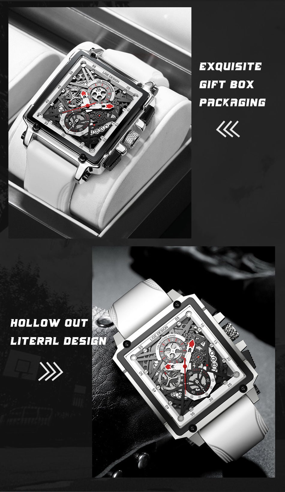 LIGE Men's Watch, Waterproof Quartz Square Wrist Watch For Men, Sports Silicone Watch