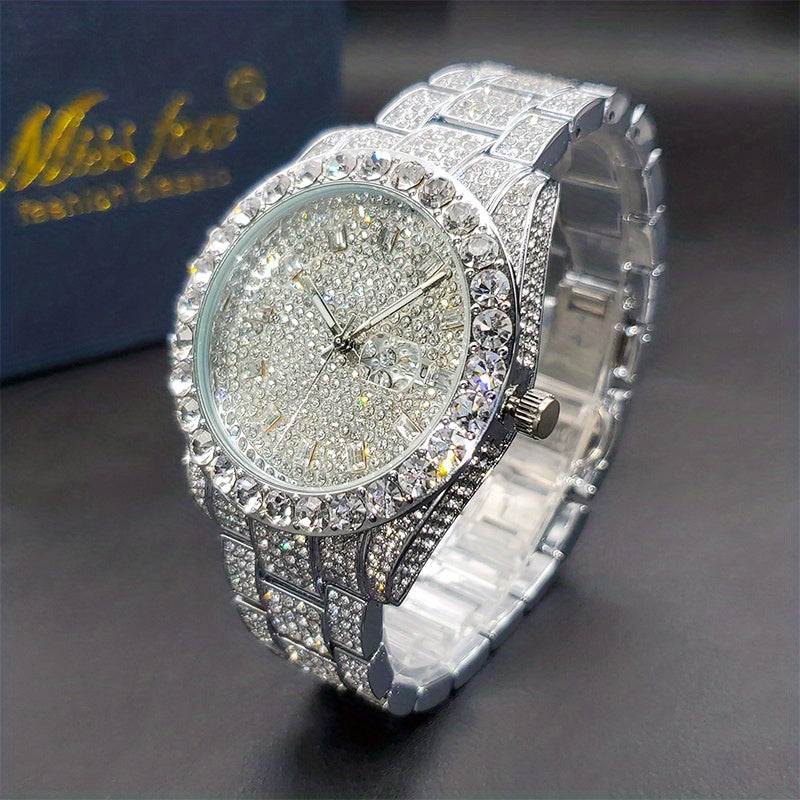 Men's Faux Diamond Quartz Watch, Hip Hop Rock Fashion Calendar Watch, Ideal Choice For Gifts