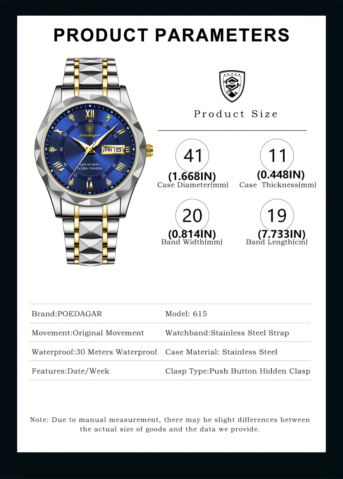 POEDAGAR Men's Stainless Steel Quartz Wristwatch, Luminous Calendar Men's Watch, Ideal Choice For Gifts