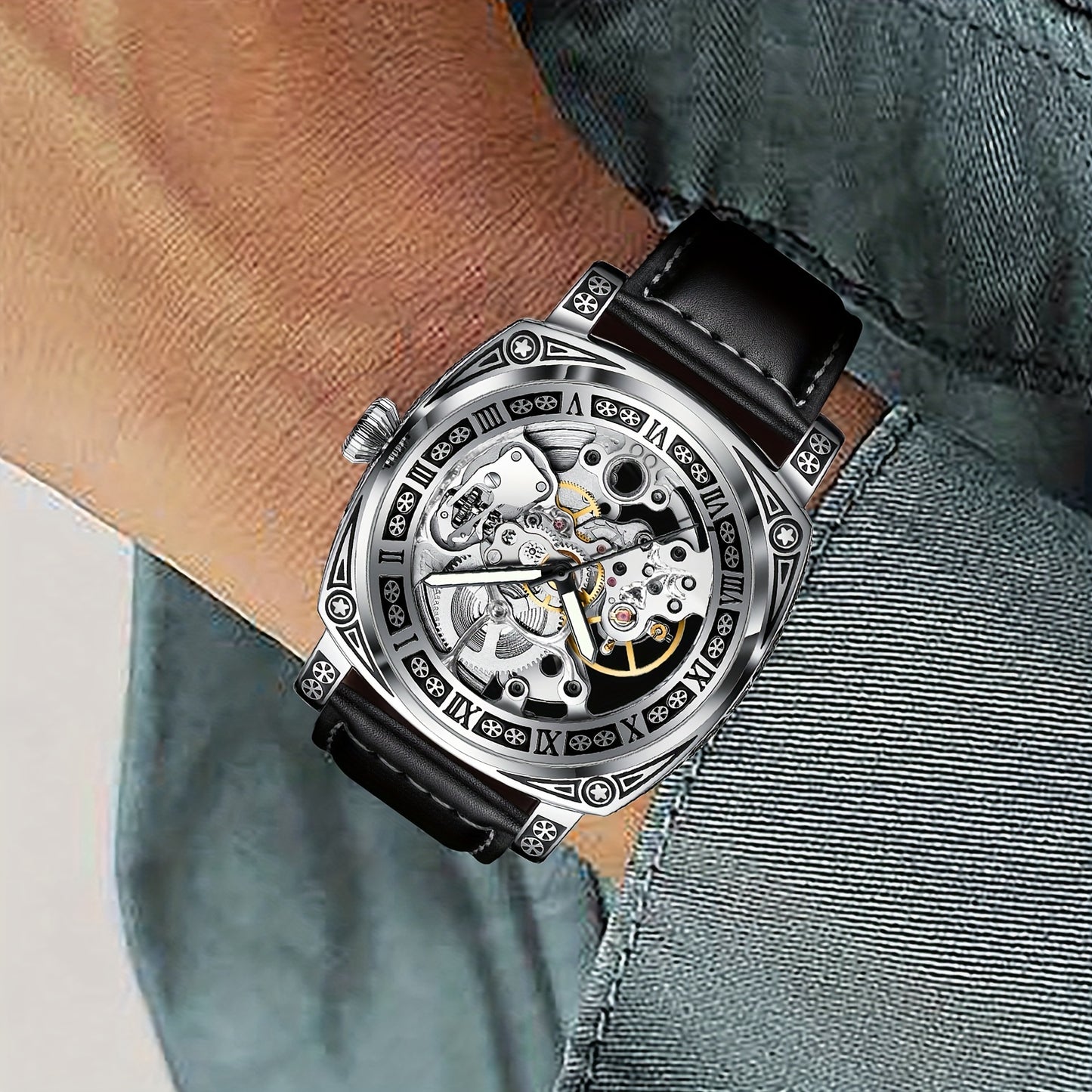 Elegant Waterproof Mechanical Watch for Men: Self-Winding Skeleton with Silver Steel Strap, Vintage Tattoo Case Design, 30m Resistant