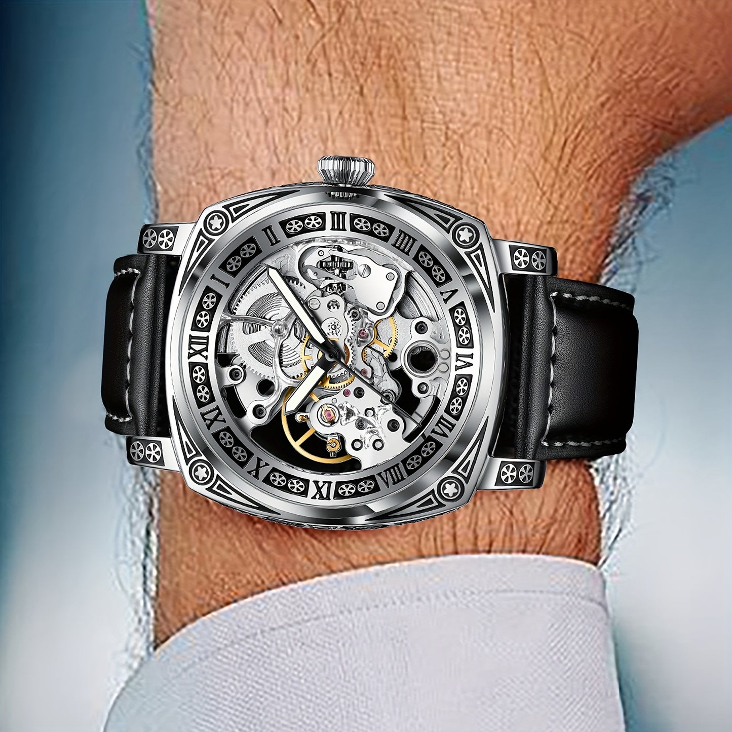 Elegant Waterproof Mechanical Watch for Men: Self-Winding Skeleton with Silver Steel Strap, Vintage Tattoo Case Design, 30m Resistant