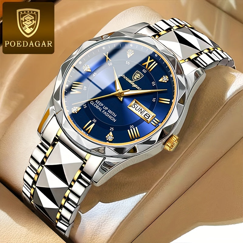 POEDAGAR Men's Stainless Steel Quartz Wristwatch, Luminous Calendar Men's Watch, Ideal Choice For Gifts