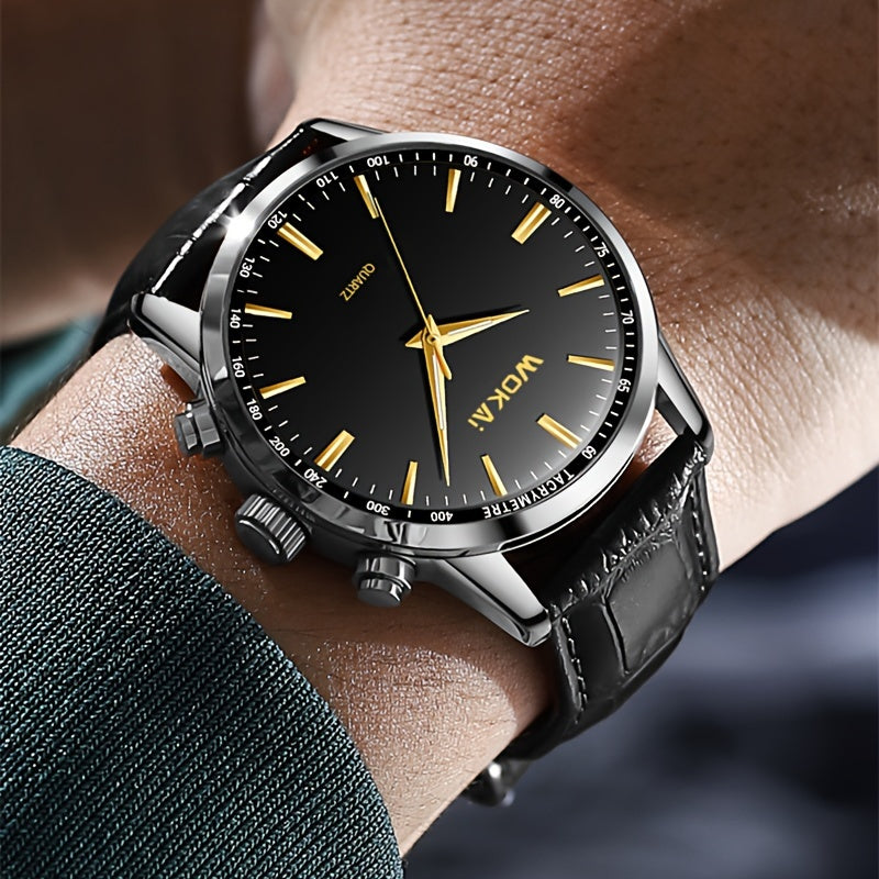 [Popular Choice] TOOP Men's Elegant Business Quartz Watch - Sophisticated Blue Dial with Golden-Tone Hands, Faux Leather Strap, Date Display, Non-Waterproof, Round Plastic Case, Simple, Quartz Watch