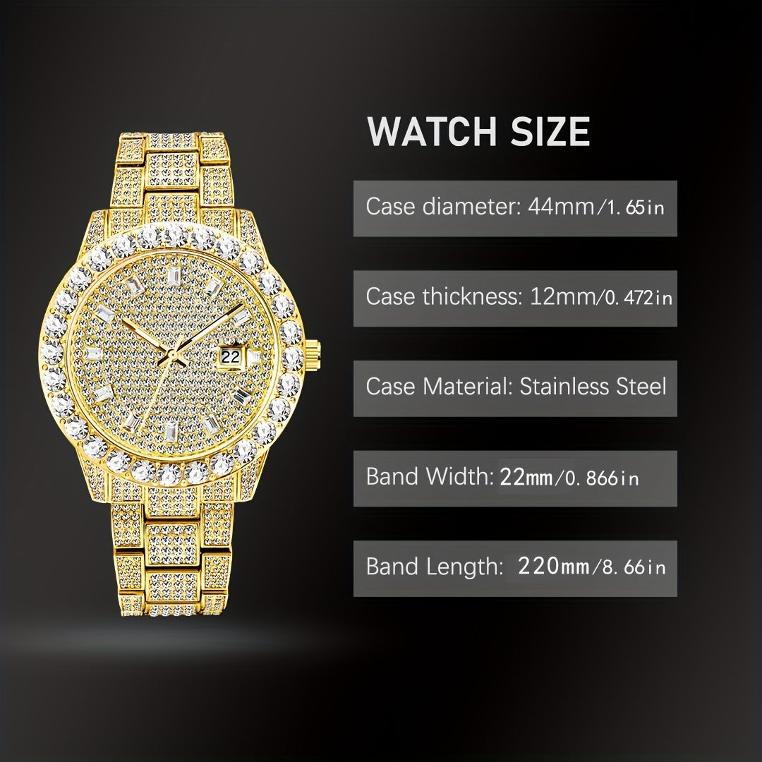 Men's Faux Diamond Quartz Watch, Hip Hop Rock Fashion Calendar Watch, Ideal Choice For Gifts