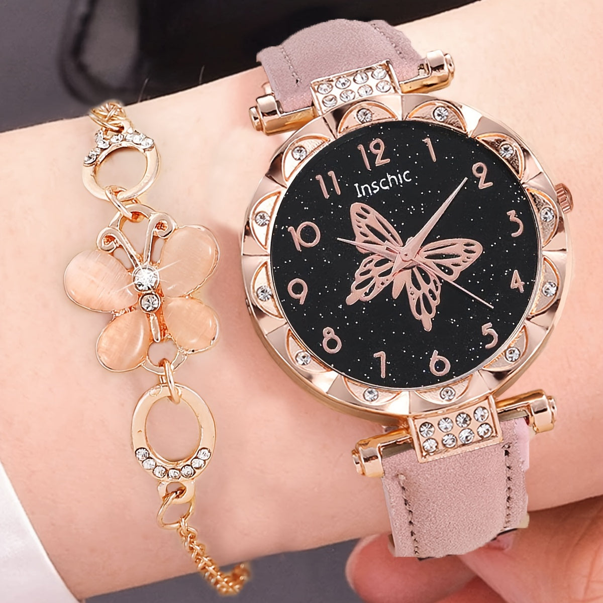 Love Starry Sky Girl Pink Watch And 1pc Rhinestone Bracelet, Gift For Friend